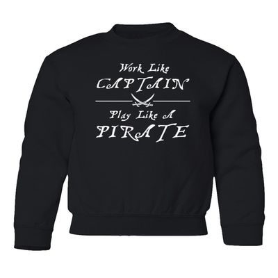 superhotapparel Work Like A Captain Play Like A Pirate Funny Logo Youth Crewneck Sweatshirt (Black, Youth Large)