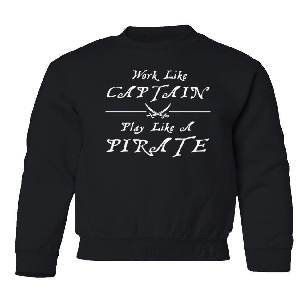 superhotapparel Work Like A Captain Play Like A Pirate Funny Logo Youth Crewneck Sweatshirt (Black, Youth Large)
