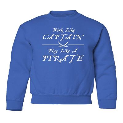 superhotapparel Work Like A Captain Play Like A Pirate Funny Logo Youth Crewneck Sweatshirt (Royal, Youth Large)