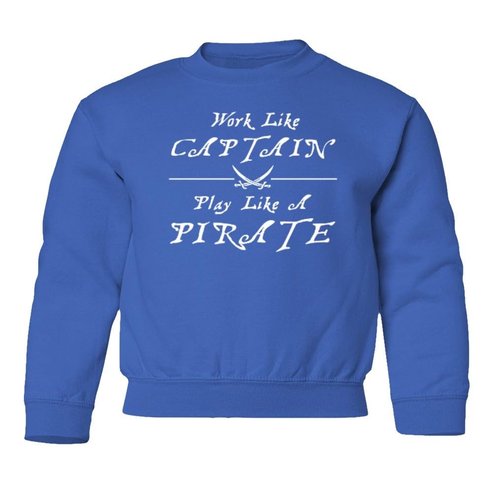 superhotapparel Work Like A Captain Play Like A Pirate Funny Logo Youth Crewneck Sweatshirt (Royal, Youth Large)