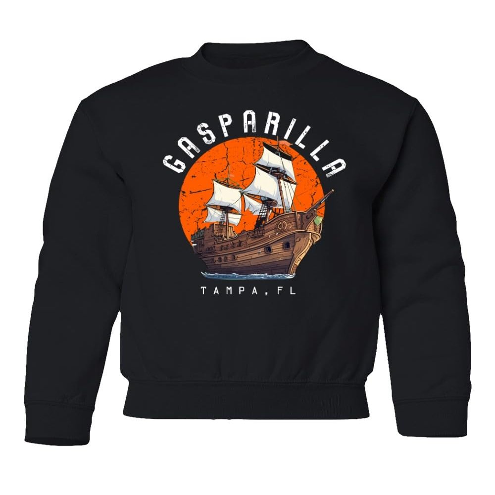 superhotapparel Gasparilla 2024 Tampa Florida Pirate Ship Logo Youth Crewneck Sweatshirt (Black, Youth X-Large)