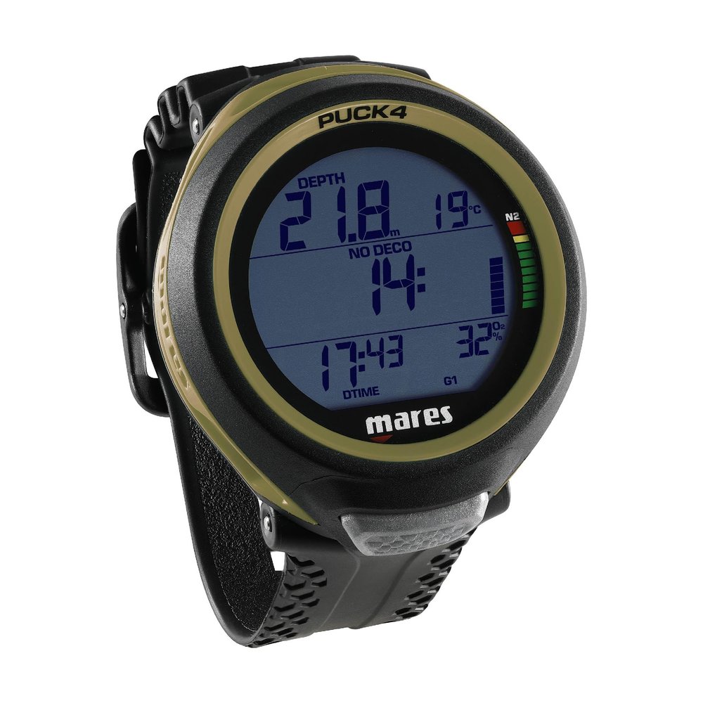 Mares Puck 4 Wrist Dive Computer | Entry-Level Watch-Style One Button Control Underwater Scuba Diving Computer, Black/Olive