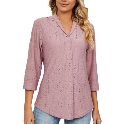 3/4 Sleeve Shirts for Women Business Casual Work Blouse Elegant v Neck Eyelet Loose Summer Tshirt Loose Fit Blouse Women's Dressy Tops and Blouses Hot Pink L