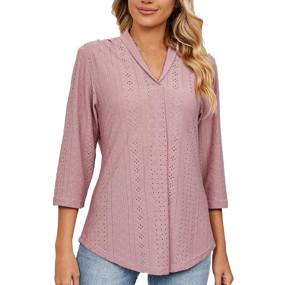 3/4 Sleeve Shirts for Women Business Casual Work Blouse Elegant v Neck Eyelet Loose Summer Tshirt Loose Fit Blouse Women's Dressy Tops and Blouses Hot Pink L