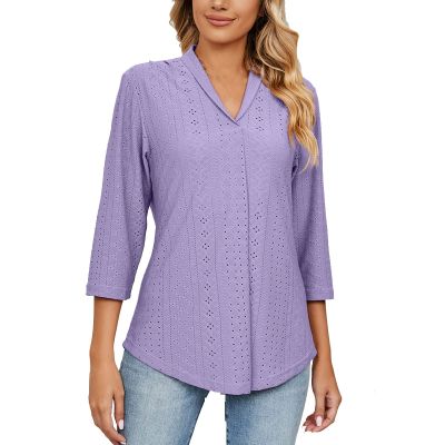 3/4 Sleeve Shirts for Women Business Casual Work Blouse Elegant v Neck Eyelet Loose Summer Tshirt Loose Fit Blouse Summer Tops for Women 2026 Trendy Purple XL
