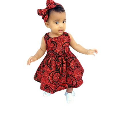 2Pcs African Toddler Baby Girl Dashiki Ankara Outfit Sleeveless African Print Dress Headband Set (Red, 12-18 Months)