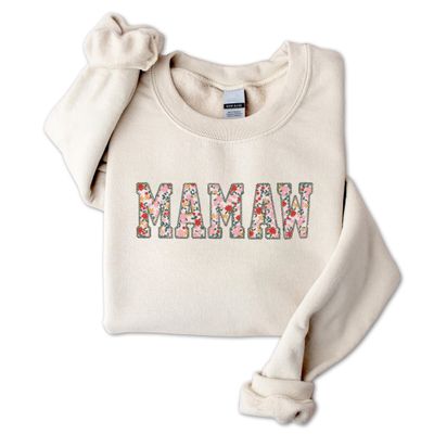 GodLover Mamaw Floral Applique Embroidered Sweatshirt, Sand Crewneck, Size 2XL, Gift for Women, Mom, Grandma, Mothers Day, Christmas