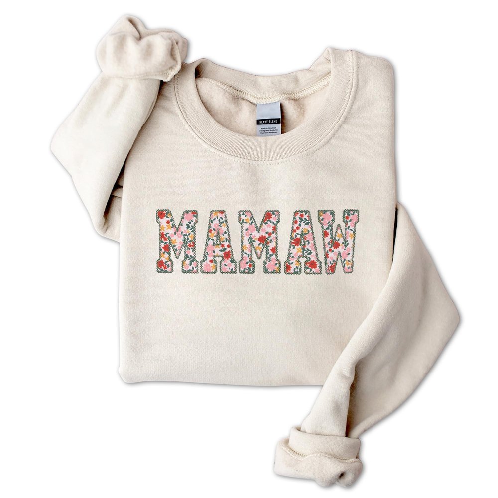 GodLover Mamaw Floral Applique Embroidered Sweatshirt, Sand Crewneck, Size 2XL, Gift for Women, Mom, Grandma, Mothers Day, Christmas