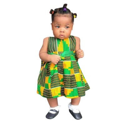 2Pcs African Toddler Baby Girl Dashiki Ankara Outfit Sleeveless African Print Dress Headband Set (Green, 18-24 Months)