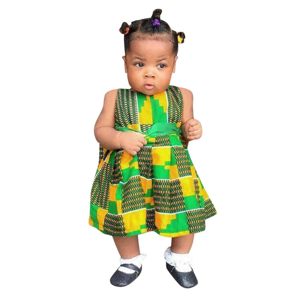 2Pcs African Toddler Baby Girl Dashiki Ankara Outfit Sleeveless African Print Dress Headband Set (Green, 18-24 Months)