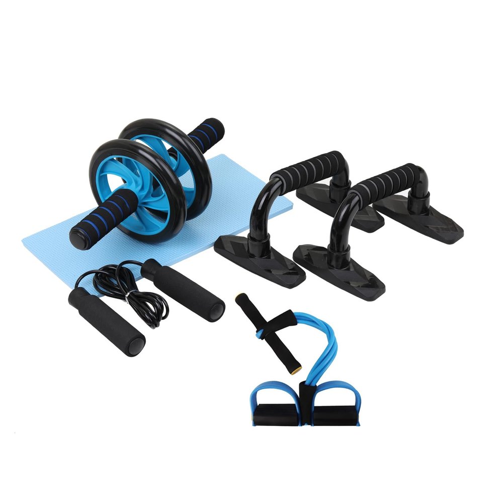 4 in 1 Home Workout Equipment, Abdominal Press Wheel Roller Kit with Push-Up Bar, Yoga Mat, Jump Rope, Complete Muscle Trainer and Exercise Equipment for Total Body Workout at Home or Gym