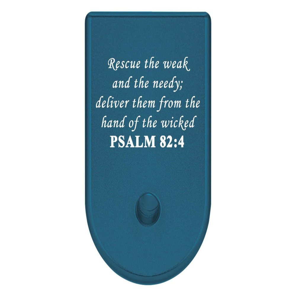 NDZ Performance Magazine Base Plate Finger Extension for Glock 26 27 33 39 Gen 1/2/3/4/5 in 9mm .40, .357, .45 Anodized Aluminum Laser Engraved, Made in The USA - Bible Psalm 82:4 in Blue