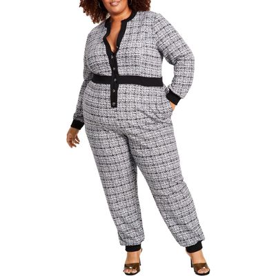 Nina Parker Womens Plus Tweed Jogger Leg Jumpsuit B/W 0X Black/White