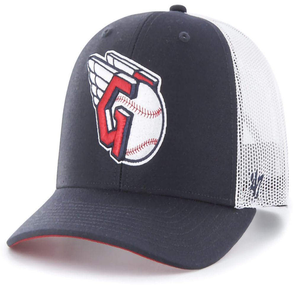 47 MLB Team Color Primary Logo Mesh Trucker Snapback Adjustable Hat Cap, Adult One Size Fits All - Cleveland Guardians Navy