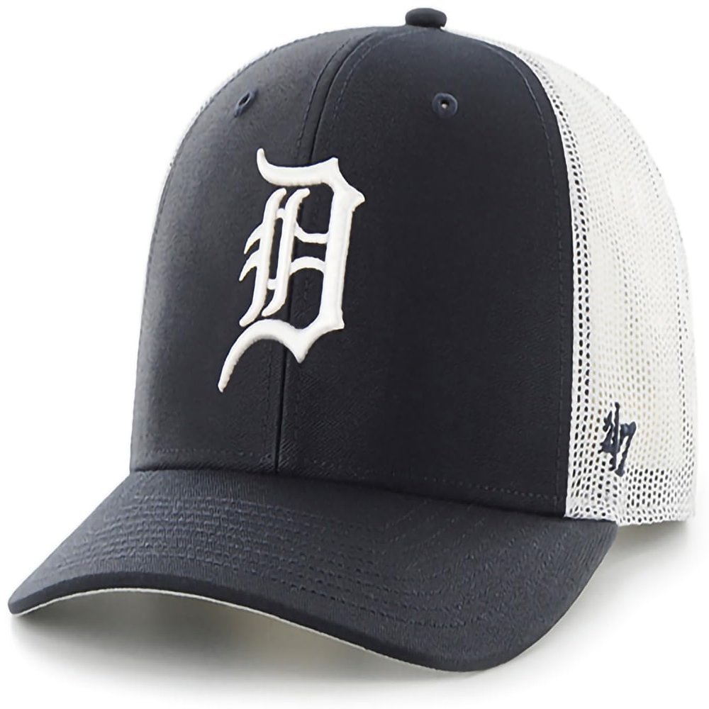 47 MLB Team Color Primary Logo Mesh Trucker Snapback Adjustable Hat Cap, Adult One Size Fits All - Detroit Tigers Navy