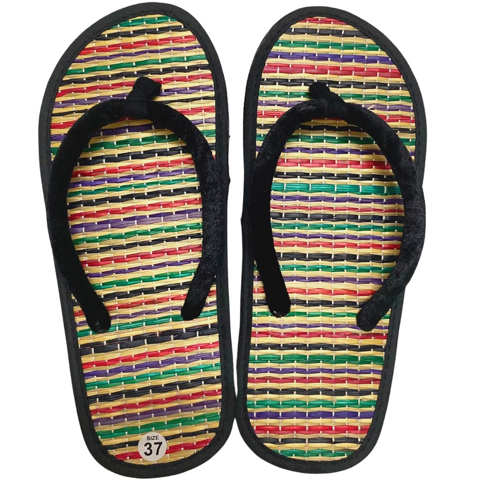 Women's Bamboo Flip Flop,Straw Beach Sandals Handmade,Straw Footwear (10, Rainbow)