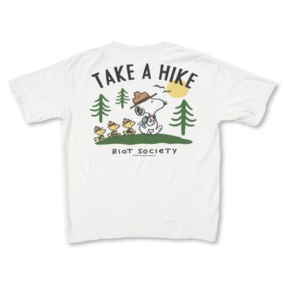 Riot Society Peanuts Snoopy Take A Hike Womens Tee - White Comfort Colors, X-Large