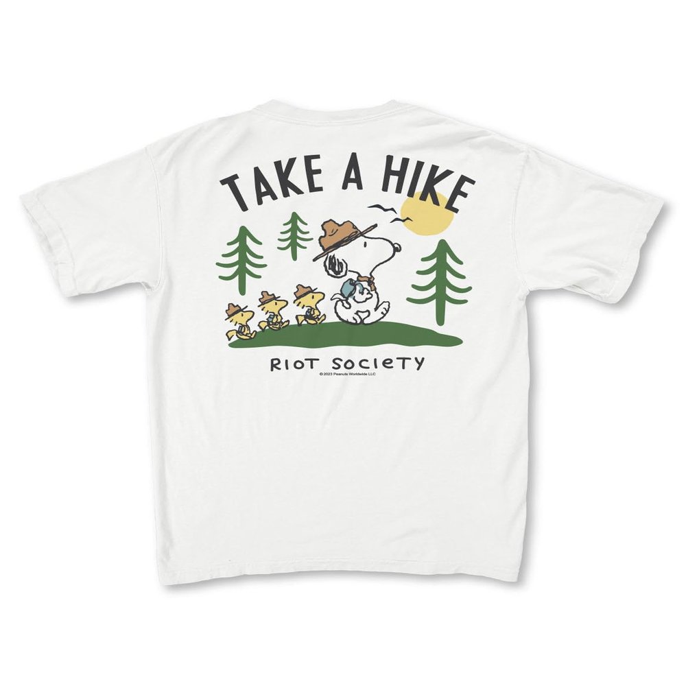 Riot Society Peanuts Snoopy Take A Hike Womens Tee - White Comfort Colors, X-Large