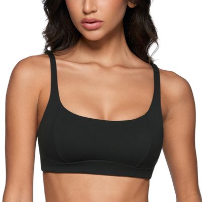 INGIA Women's Square Scoop Neck Sports Bra Thin Strap Padded Low Impact Yoga Bra Wireless Workout Crop Top Black X-Large