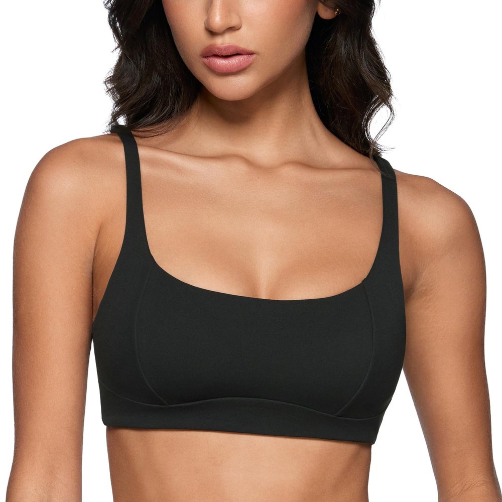 INGIA Women's Square Scoop Neck Sports Bra Thin Strap Padded Low Impact Yoga Bra Wireless Workout Crop Top Black X-Large
