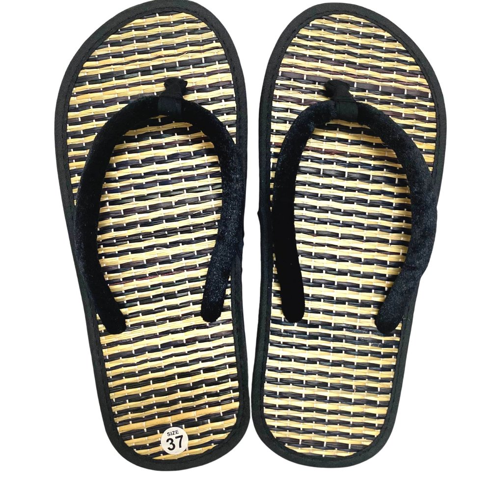 Women's Bamboo Flip Flop,Straw Beach Sandals Handmade,Straw Footwear (6, Black & White)