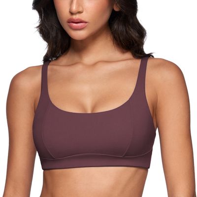 INGIA Women's Square Scoop Neck Sports Bra Thin Strap Padded Low Impact Yoga Bra Wireless Workout Crop Top Americano (Plumbrown) X-Large