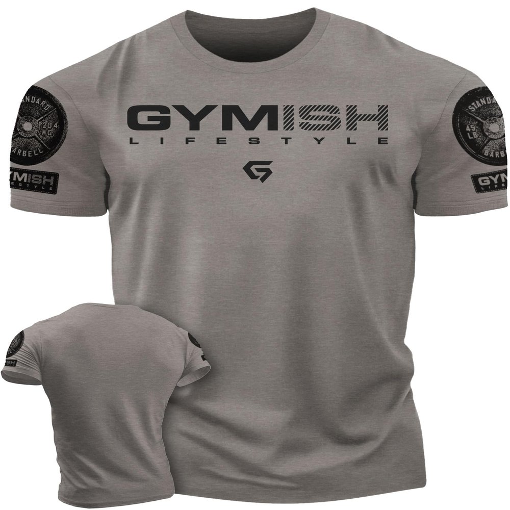 Gymish Lifestyle Gym Workout Shirts for Men Motivational Weight Lifting T-Shirt (LG, Warm Grey Branded)