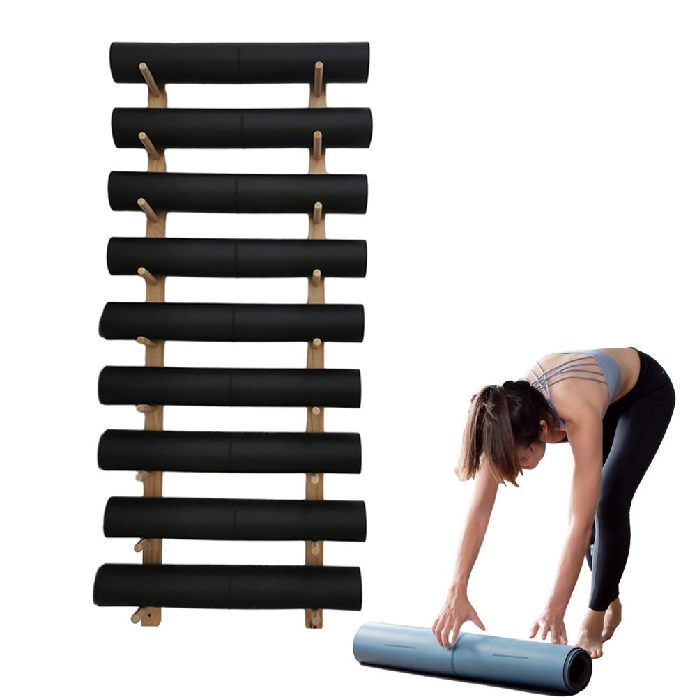 BBHW Wood Yoga Mat Holder Wall Mount, Workout Room Home Gym Yoga Mat Display Rack, Space Saving Foam Roller Storage, Fitness Gear Organizer Shelf (Color : 9 Layer)
