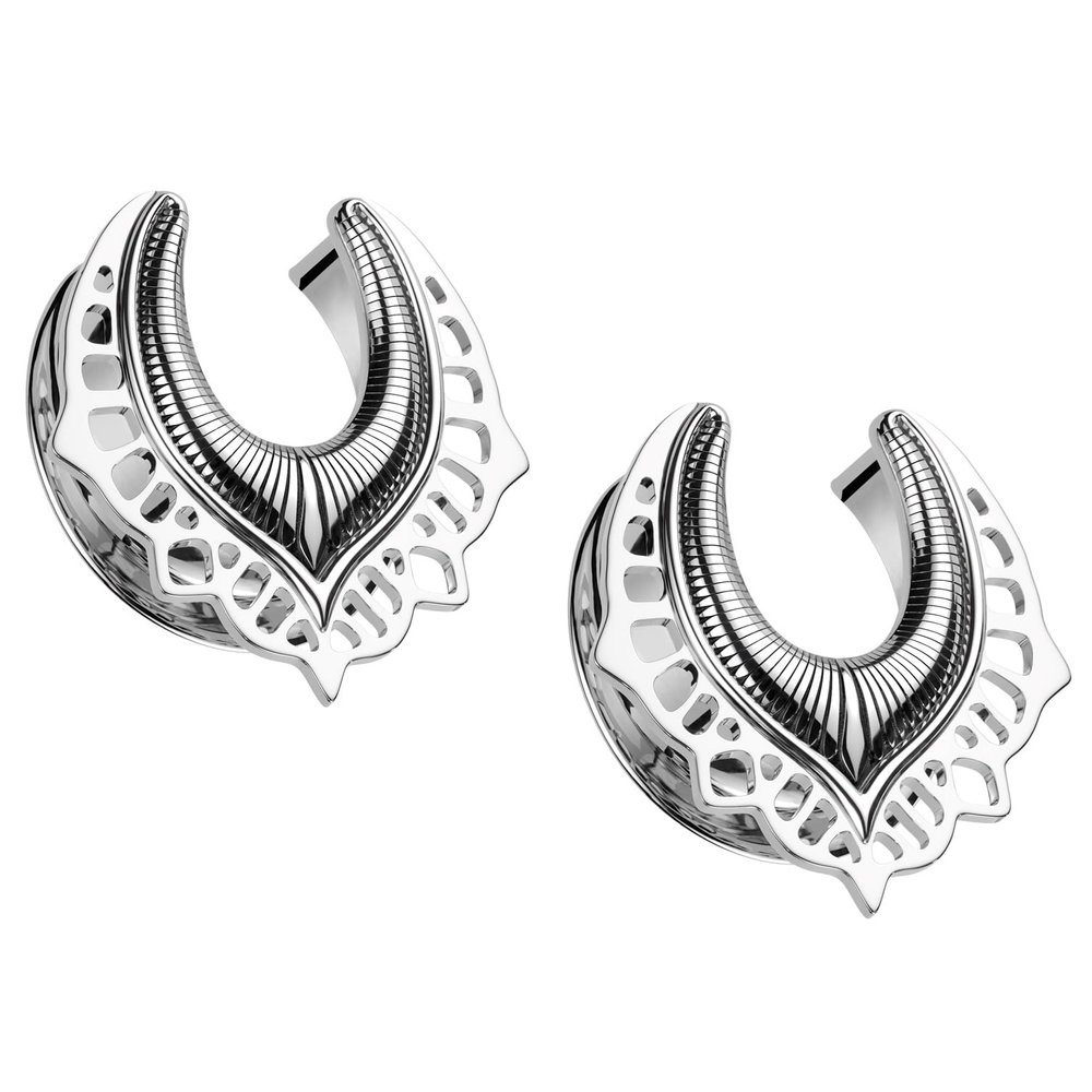 Pierced Owl 316L Stainless Steel Shield Filigree Saddle Tunnels, Sold as a Pair (Silver Tone, 16mm (5/8"))