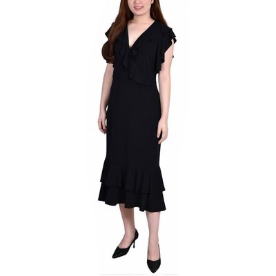 NY Collection Petite Flutter Sleeve Ruffle Midi Dress Black PL