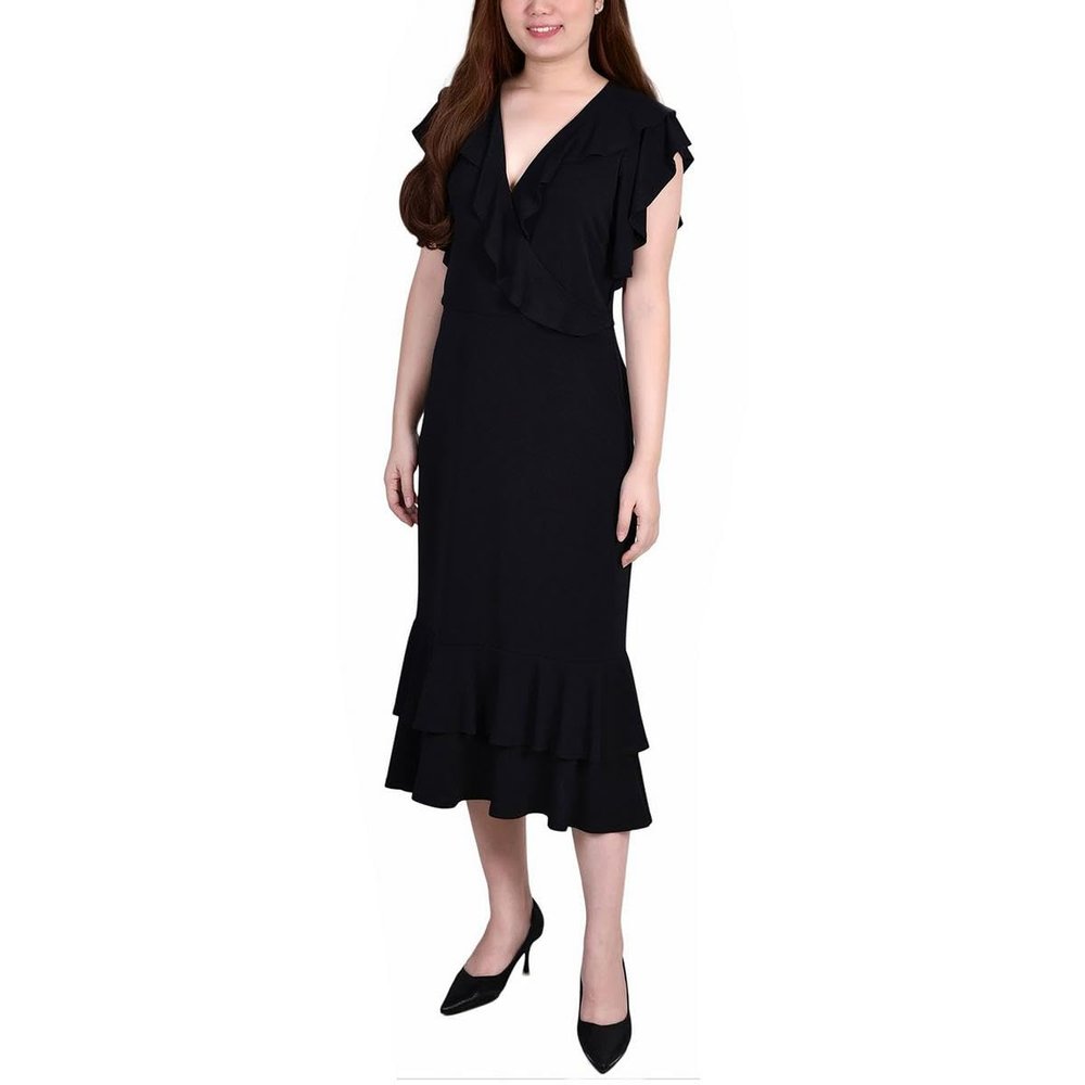 NY Collection Petite Flutter Sleeve Ruffle Midi Dress Black PL