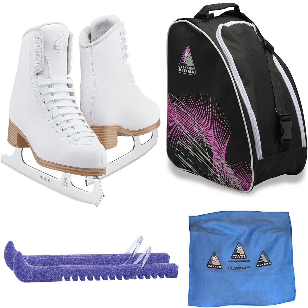 Jackson Ultima Figure Ice Skates Classic JC500 / Medium to Wide/Adult 8 Bundle with Bag, Guardog Skate Guards, Towel