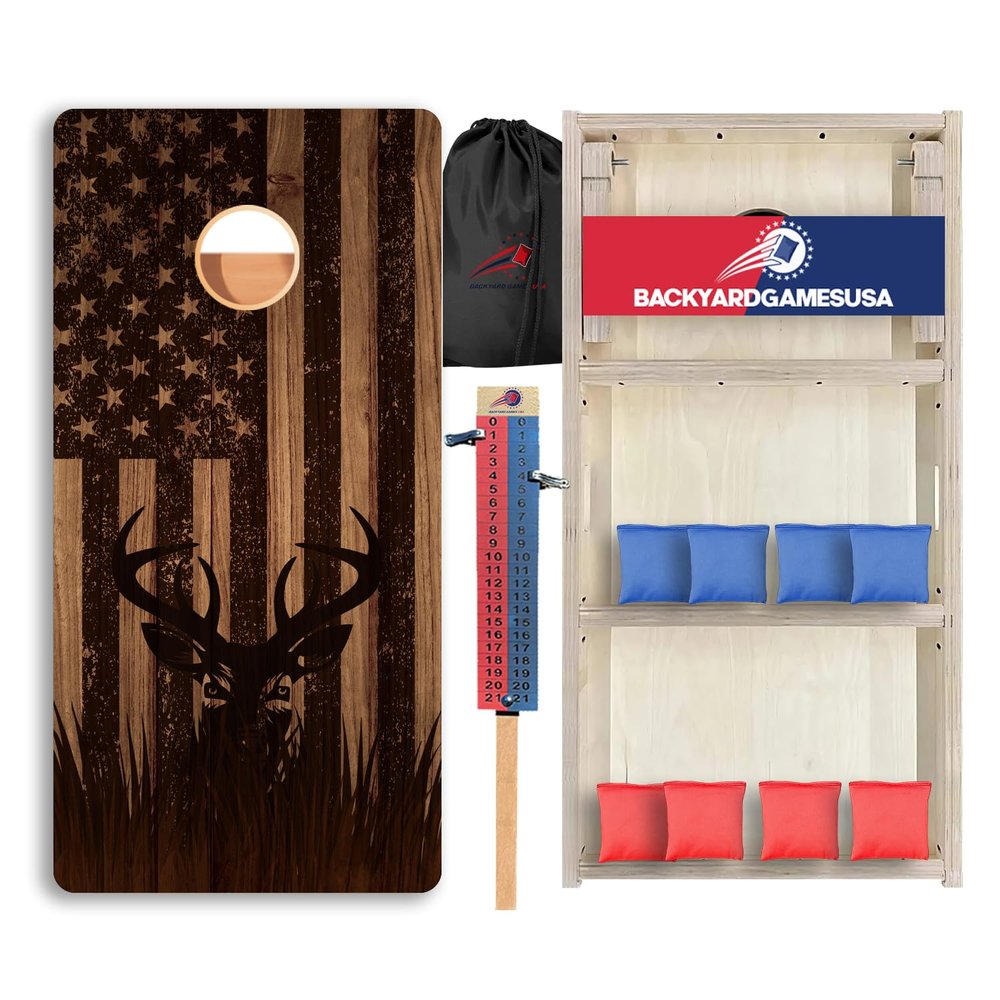 CornholeGamesUSA Pro Cornhole Boards Set | Made in USA | 3/4 Baltic Birch | No Bounce | Triple Thick Legs | Two Brace & Handles, Tournament 2x4 Regulation Set with Score Tower & Cornhole Bags