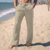 Mens 2024 Cotton Linen Pants Casual Button Down Lounge Trousers Loose Fit Beach Yoga Pants Summer Yoga Beach Long Pants Hippie Harem Pants Trendy Work Pants with Pockets Khaki view 3