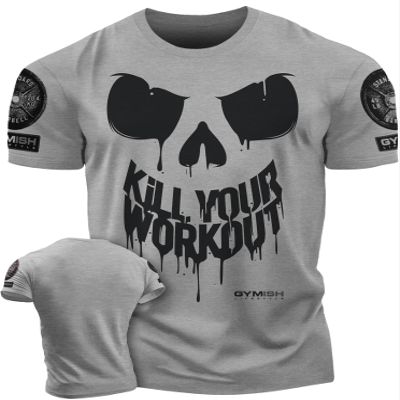 KillWorkout Shirts for Men, Funny Workout Gym Shirt Lifting T-Shirt (LG, KillWorkout Skull Grey Branded)