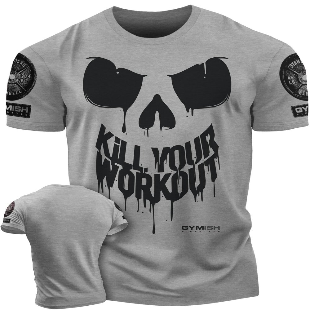 KillWorkout Shirts for Men, Funny Workout Gym Shirt Lifting T-Shirt (LG, KillWorkout Skull Grey Branded)