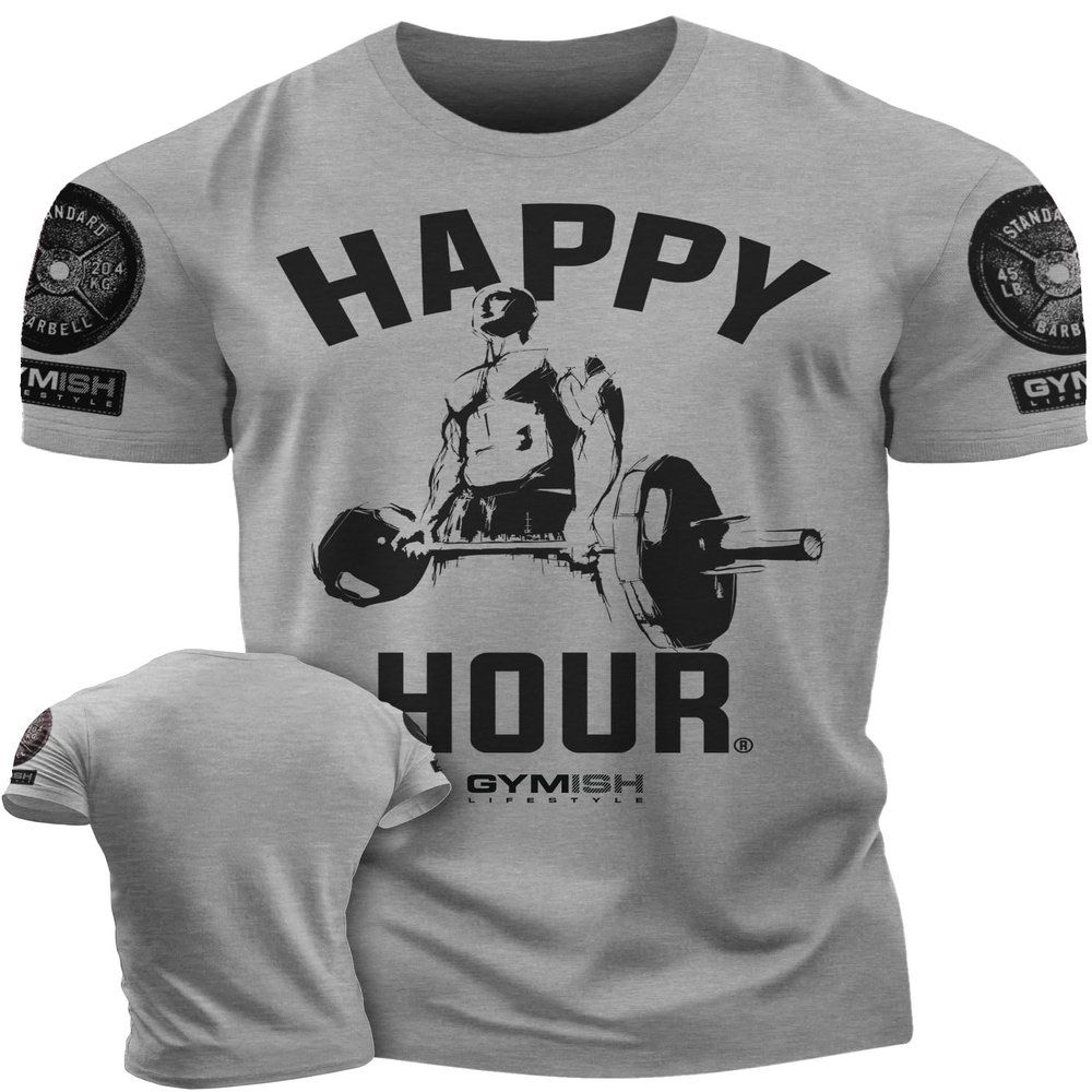 Gymish Lifestyle Happy Hour Deadlift Work Out T-Shirt, Weightlifting Gym Shirts (XL, Happy Hour Grey Branded)