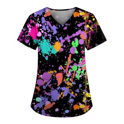 Cute Cartoon Print Women's Scrub Tops with Designs Stretchy Plus Size Nursing Uniforms Scrubs Shirts with Pockets