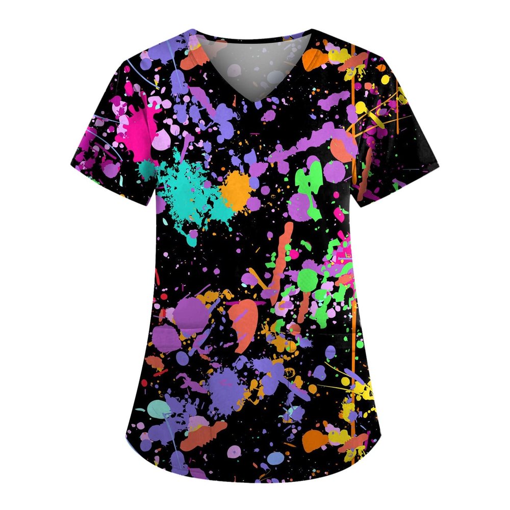 Cute Cartoon Print Women's Scrub Tops with Designs Stretchy Plus Size Nursing Uniforms Scrubs Shirts with Pockets