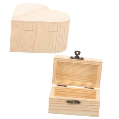 Abaodam 2pcs Unfinished Diy Wooden Storage Box Large Heart-shaped Small Rectangular Unpainted Wooden Boxes for Crafts Jewelry and Keepsakes Organization