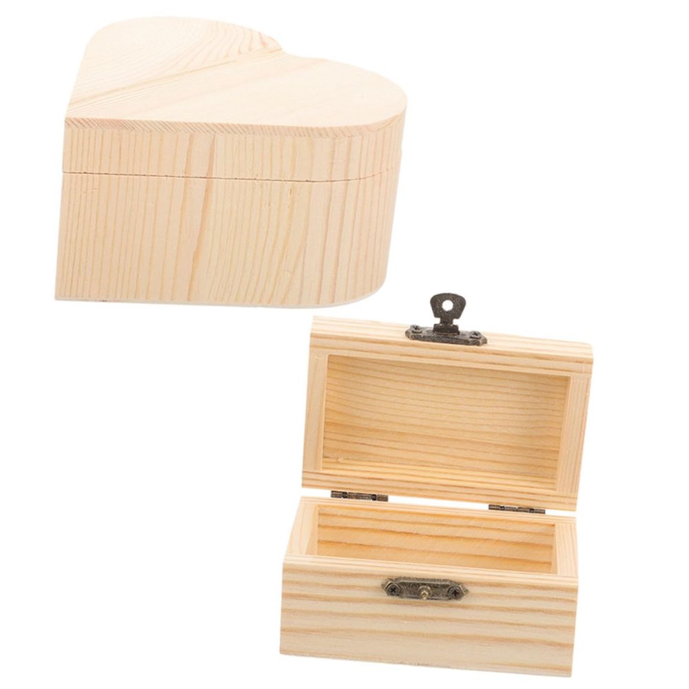 Abaodam 2pcs Unfinished Diy Wooden Storage Box Large Heart-shaped Small Rectangular Unpainted Wooden Boxes for Crafts Jewelry and Keepsakes Organization