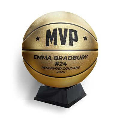 MVP Most Valuable Player Custom Metallic Gold Basketball with Display Stand | Official Size | Personalized with Your Text! | Great for Awards, Banquets, Senior Night