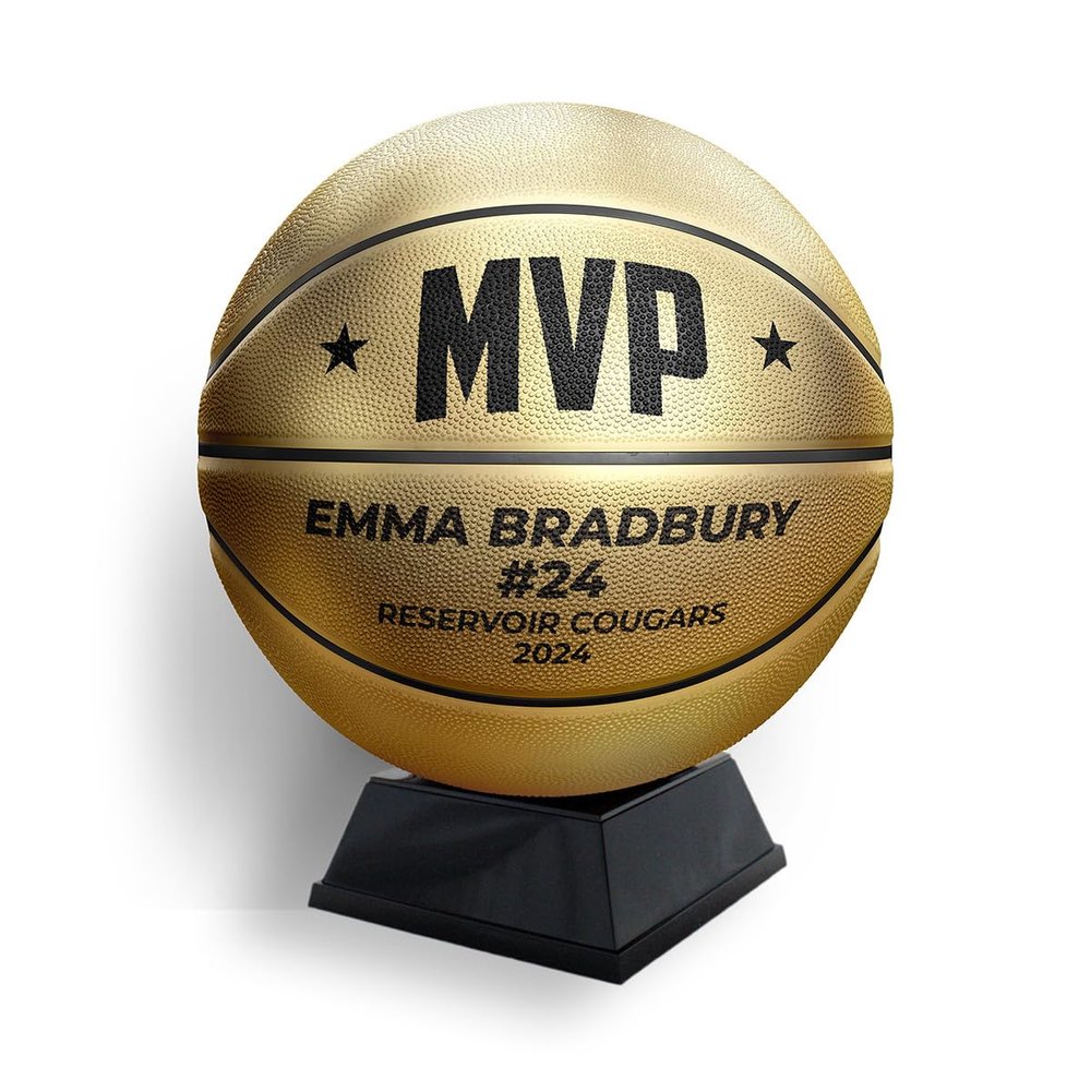 MVP Most Valuable Player Custom Metallic Gold Basketball with Display Stand | Official Size | Personalized with Your Text! | Great for Awards, Banquets, Senior Night