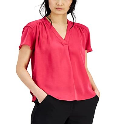 Alfani Shirred V-Neck Dolman-Sleeve T Berry Haze L, Large Short, Med Purple