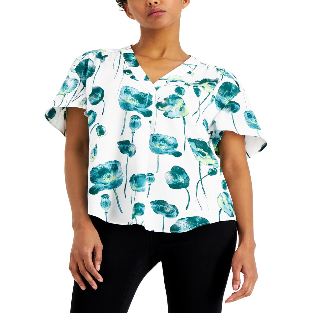 Alfani Shirred V Neck Dolman Sleeve Top Calla Lily Cream Peony XL, X-Large Short, White