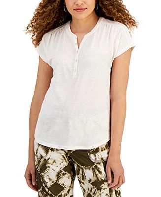Style & Co. Dolman Sleeve Henley Linen Blend Top Coconut Cream XS