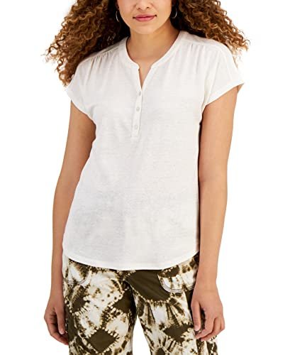 Style & Co. Dolman Sleeve Henley Linen Blend Top Coconut Cream XS