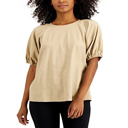 Alfani Solid Puff-Sleeve Blouse, Crea Fresh Almond XL, X-Large Short, Lt Beige