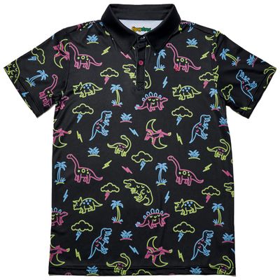 Tipsy Elves Kids and Toddlers Golf Shirts - Athletic Comfort Fit with Quick Dry Material - Youth Funny Black Neon Dinosaur Golf Polo Size X-Large