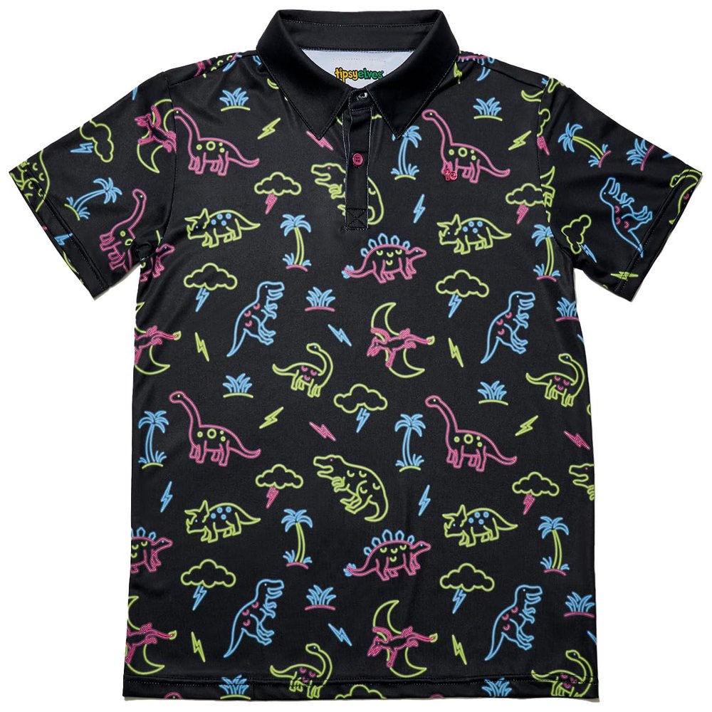 Tipsy Elves Kids and Toddlers Golf Shirts - Athletic Comfort Fit with Quick Dry Material - Youth Funny Black Neon Dinosaur Golf Polo Size X-Large